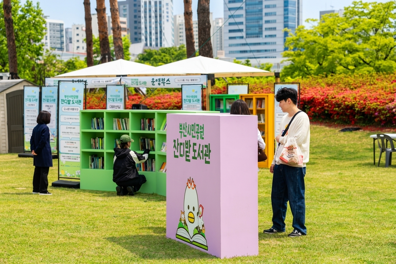 “잔디밭에서 웹툰 즐긴다”… (재)부산정보산업진흥원, 부산시민공원‘잔디밭 도서관’ 웹툰 도서 지원